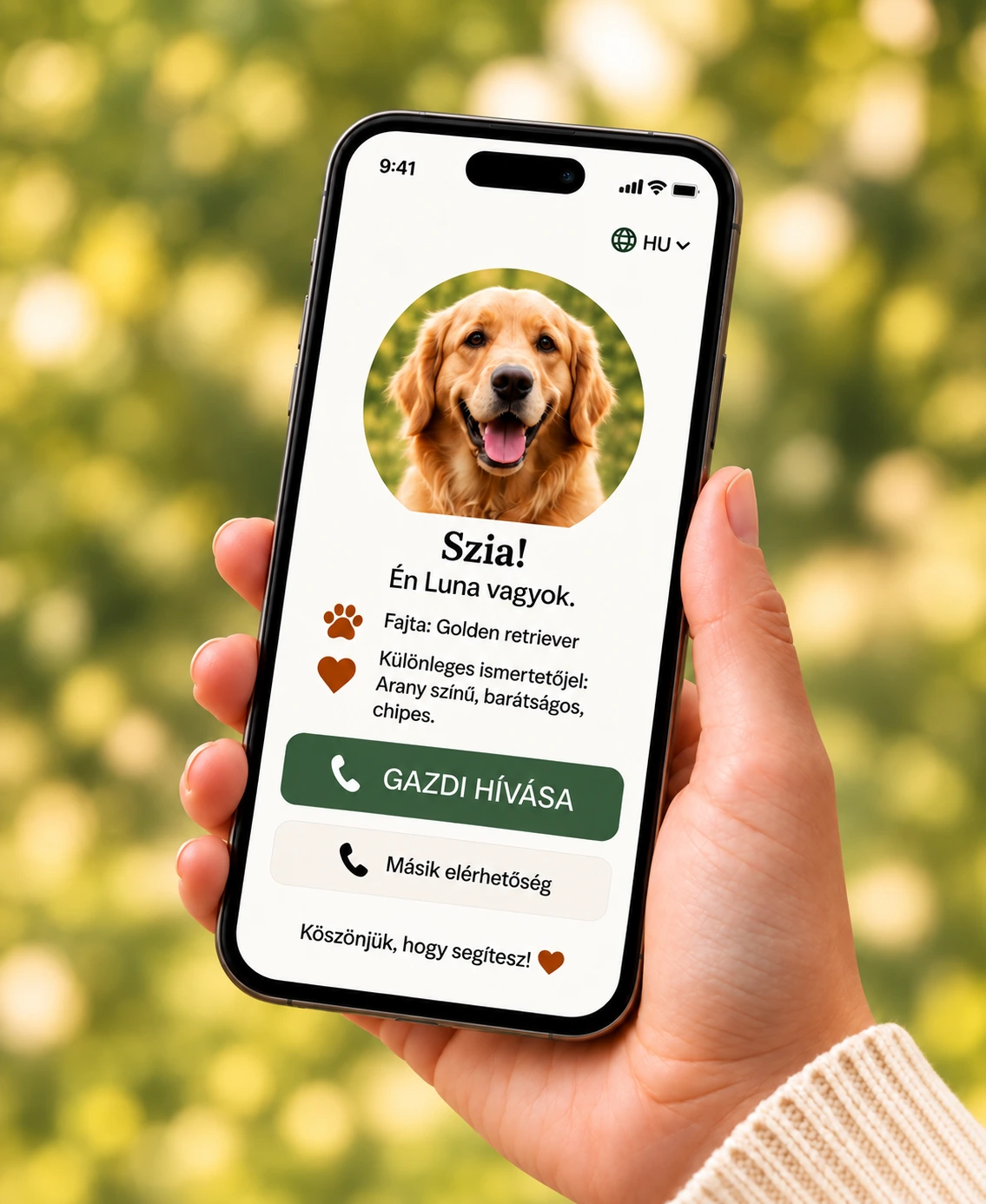 Telefonon megnyitott Luna-adatlap a Gazdi hívása gombbal