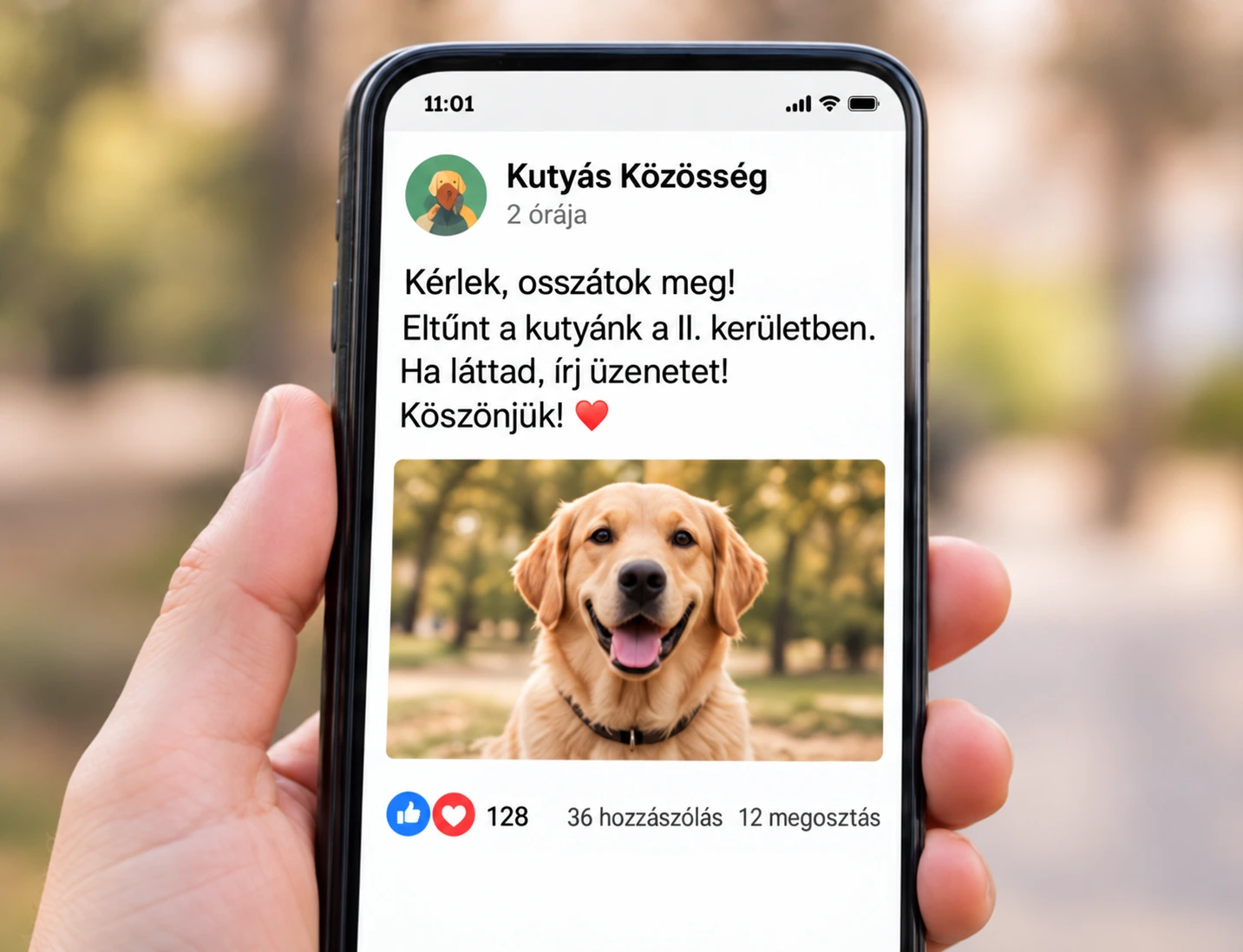Kutyát kereső közösségi bejegyzés
